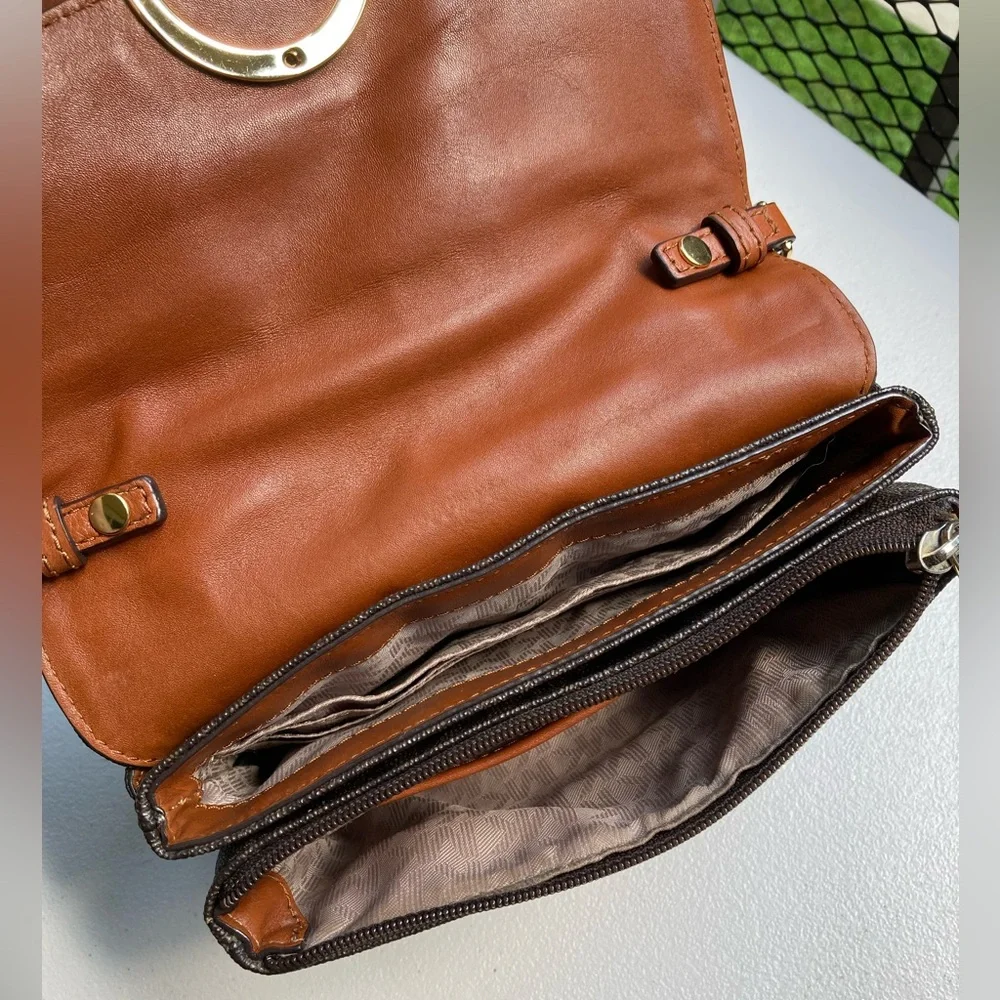 Michael Kors Brown Fulton Flap Gusset Crossbody Brown Envelope Purse Gold Chain